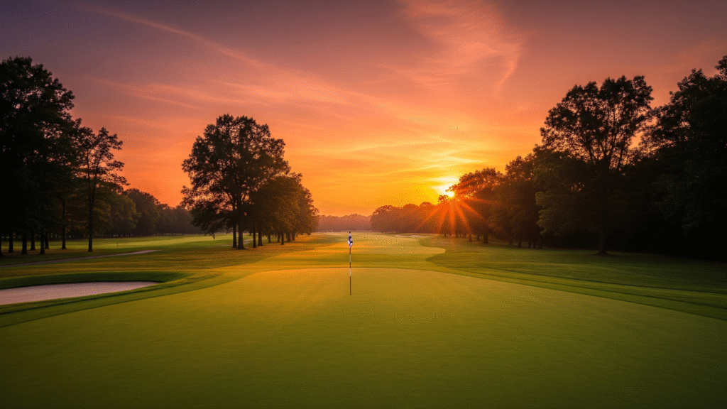 Bunker Banter Home page, golf fairway in the sunset.